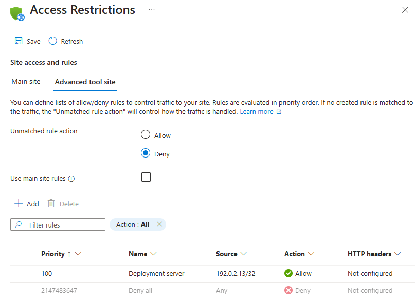 Azure 门户中“访问限制”窗格的屏幕截图，显示没有为 SCM 站点或应用设置访问限制。