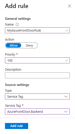 Azure 门户中的“访问限制”窗格的屏幕截图，显示如何添加 Azure Front Door 限制。