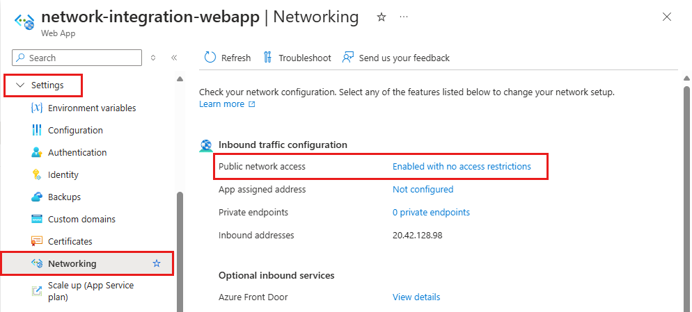 Azure 门户中的“应用服务网络选项”窗格的屏幕截图。