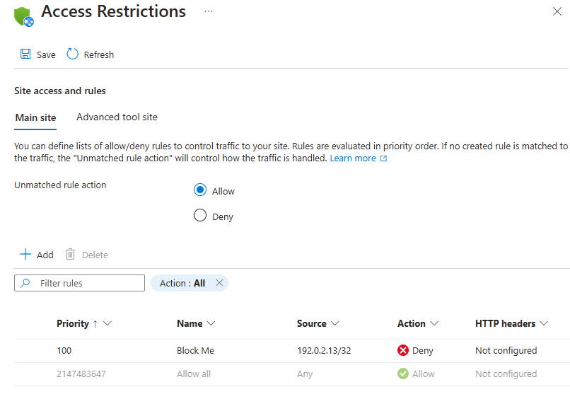Azure 门户中的“访问限制”窗格的屏幕截图，只显示一个受阻止的 IP 地址。