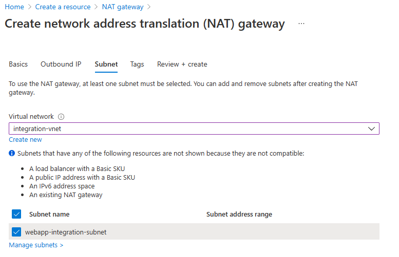 在创建 NAT 网关的页面上的“子网”选项卡的屏幕截图。