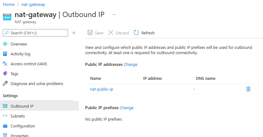 屏幕截图显示 Azure 门户中 NAT 网关的“出站 IP”窗格。