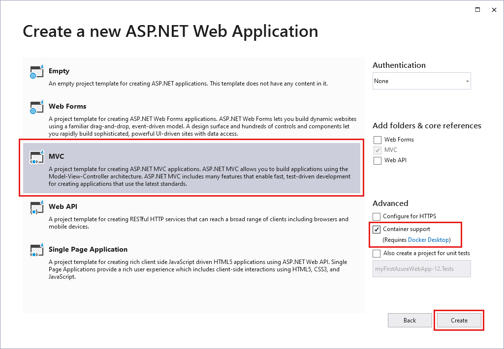 “创建 ASP.NET Web 应用程序”对话框的屏幕截图。