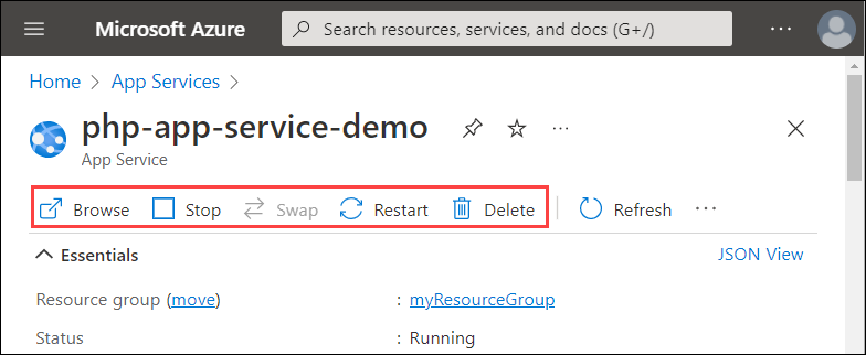 Azure 门户中“应用服务概述”页的屏幕截图。在作栏中，突出显示了 Browse、Stop、Swap、Restart 和 Delete 按钮组。