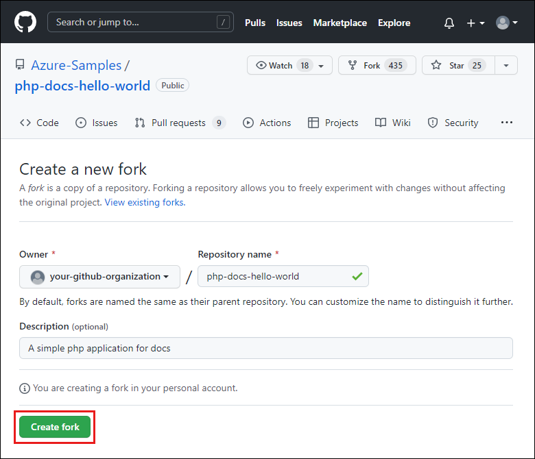 GitHub 中的创建新分支页面的屏幕截图，用于创建 Azure 示例的新分支。