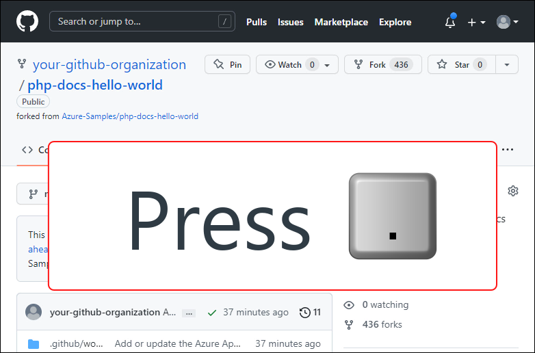GitHub 中的 php-docs-hello-world 分支存储库的屏幕截图，显示了有关如何在此屏幕上按句点键的说明。