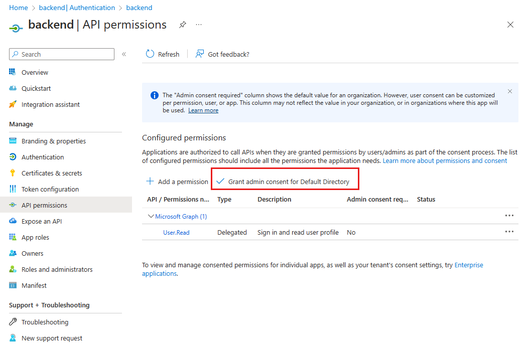 突出显示了“管理员同意”按钮的 Azure 门户身份验证应用的屏幕截图。