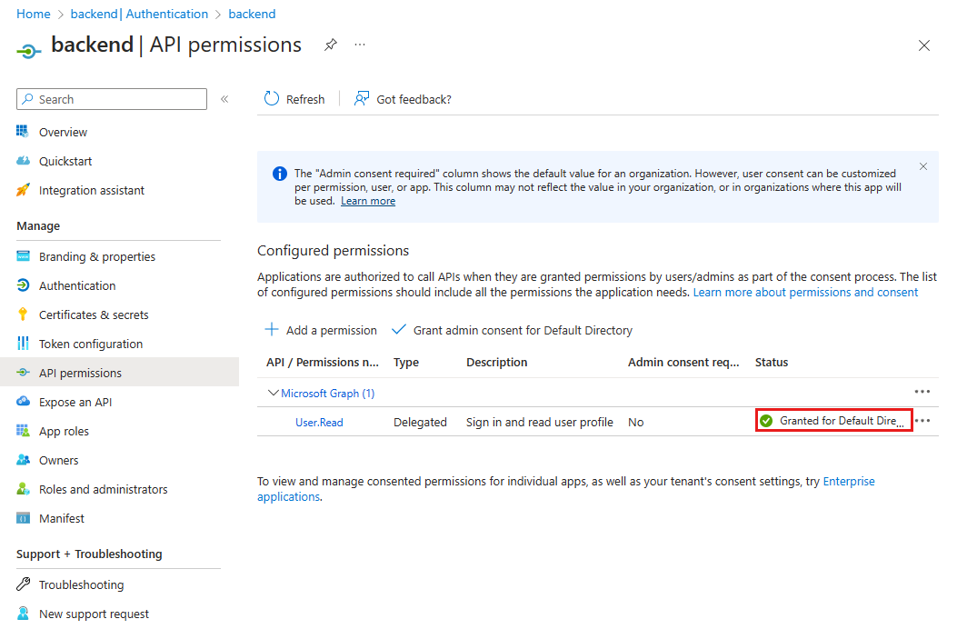Azure 门户身份验证应用的屏幕截图，其中“状态”列显示管理员同意已授予。