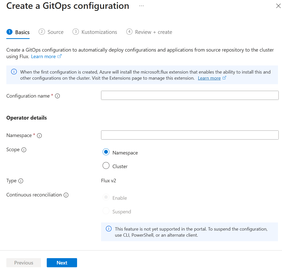 显示 Azure 门户中 GitOps 配置的“基本信息”选项的屏幕截图。