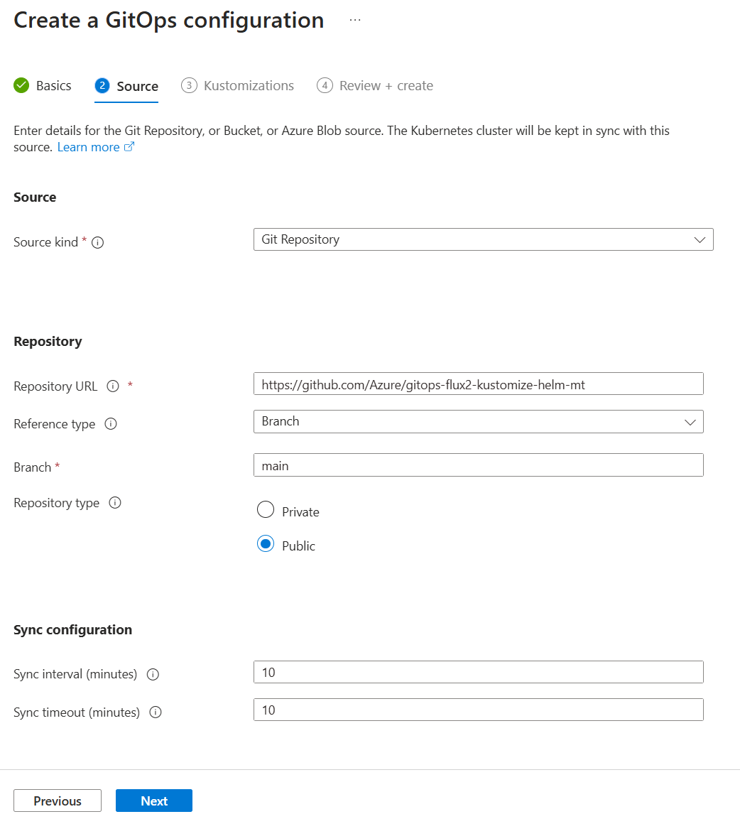 Azure 门户中用于 GitOps 配置的源选项屏幕截图显示。