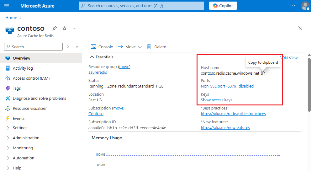 显示 Azure Redis 缓存属性的屏幕截图。