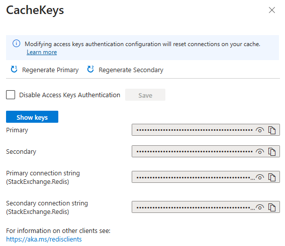 显示 Azure Redis 缓存访问密钥窗格的屏幕截图。