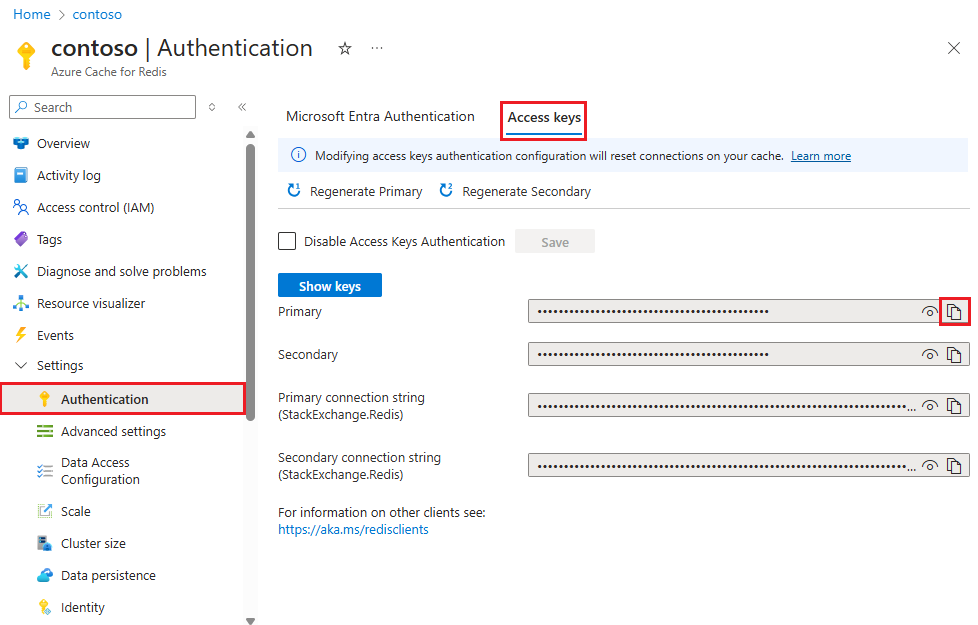 显示 Azure Redis 缓存访问密钥的屏幕截图。