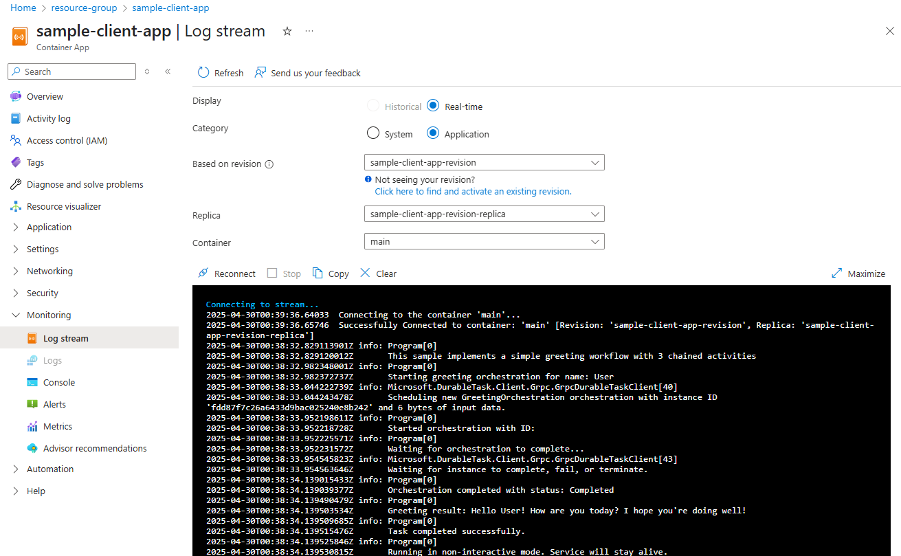 Azure 门户中客户端容器日志流的屏幕截图。