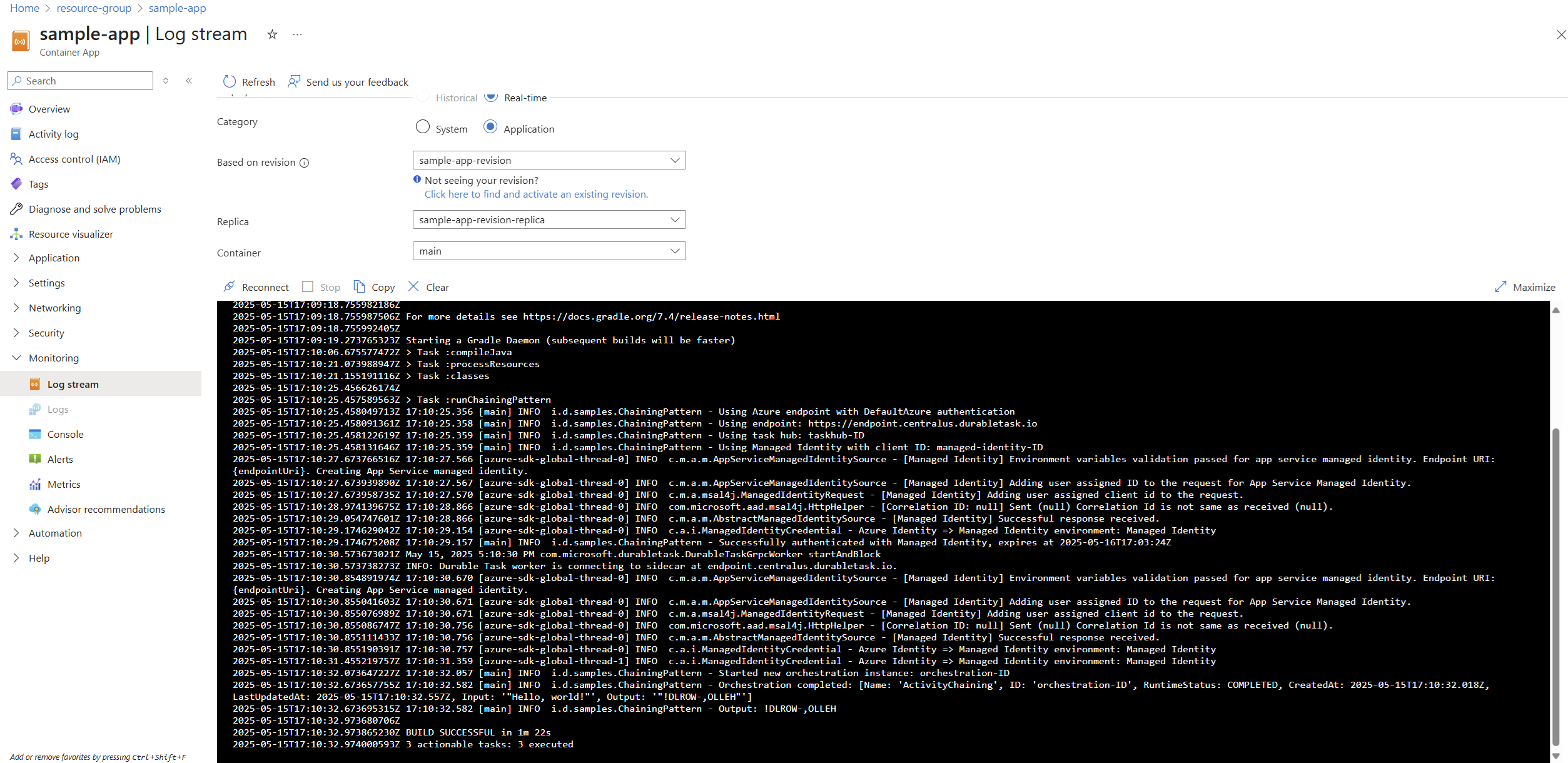 Azure 门户中 Java 示例应用的日志流的屏幕截图。