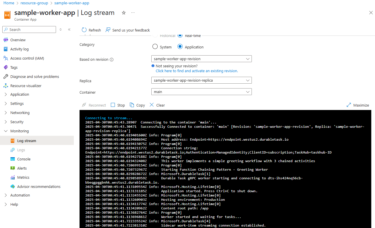 Azure 门户中工作容器日志流的屏幕截图。