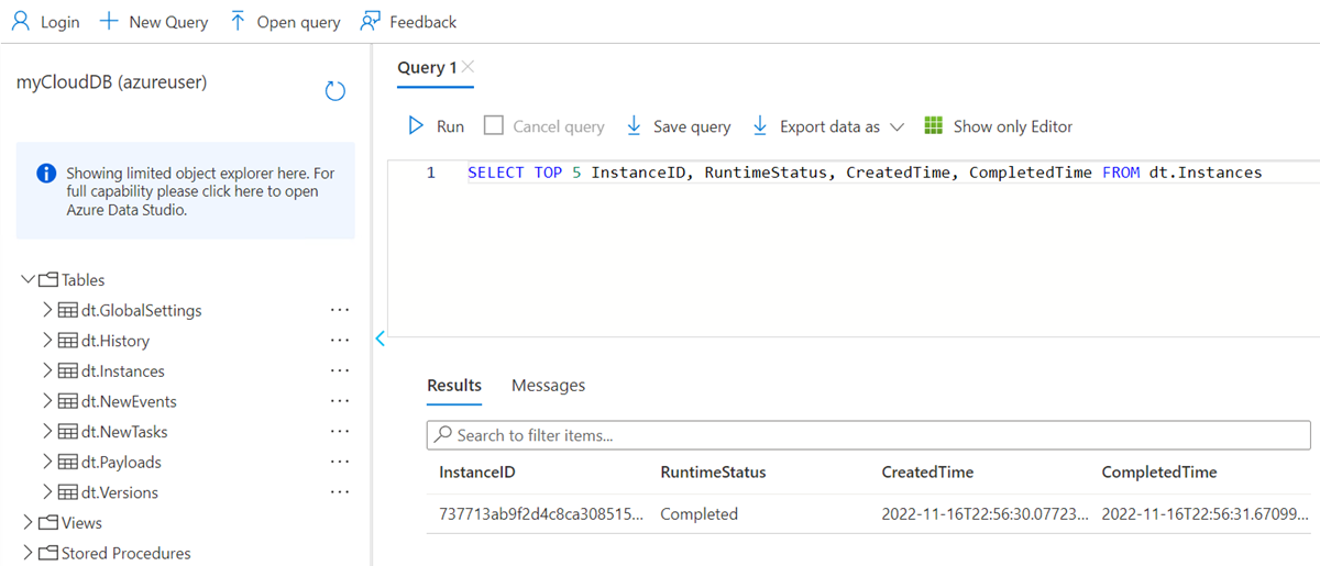 显示 SQL 查询的 Azure SQL 查询编辑器结果的屏幕截图。