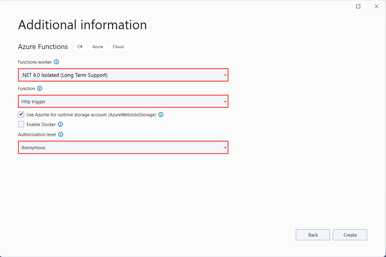 独立工作进程模型的 Azure Functions 项目设置的屏幕截图。