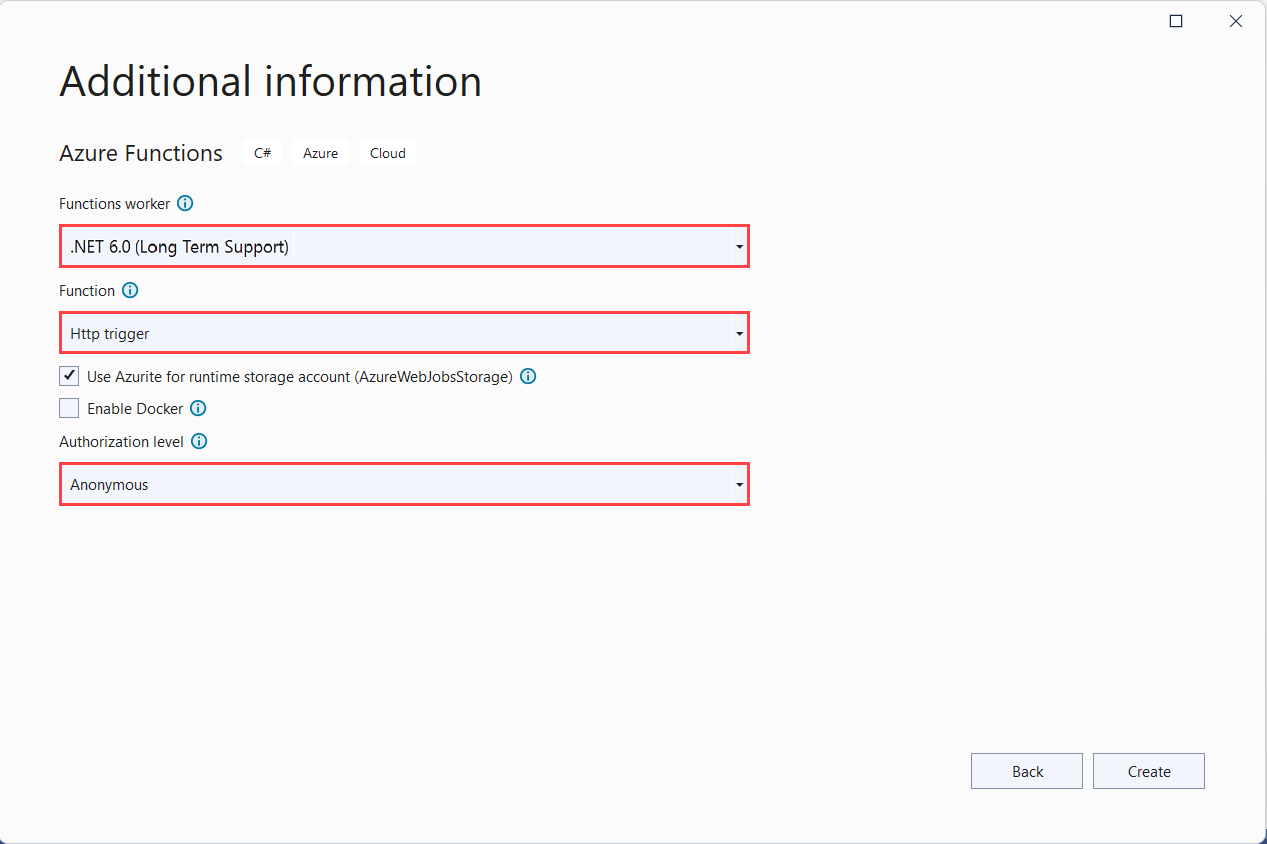 进程内模型的 Azure Functions 项目设置的屏幕截图。
