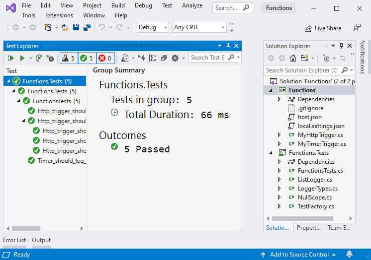 显示在 Visual Studio 中使用 C# 测试 Azure Functions 的屏幕截图。