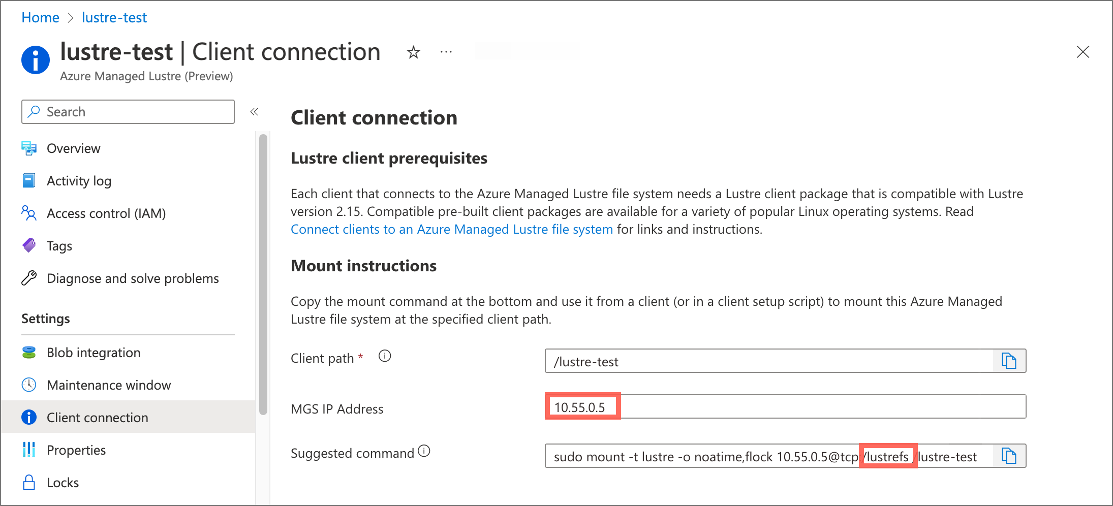 Azure 门户中客户端连接窗格的屏幕截图。mount 命令中的 MGS IP 地址和“lustrefs”名称将突出显示。