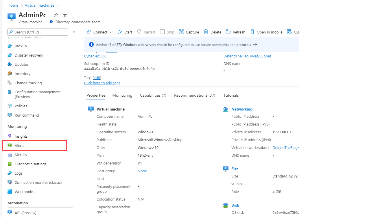 屏幕截图显示 Azure 门户中某个资源菜单上的“警报”。
