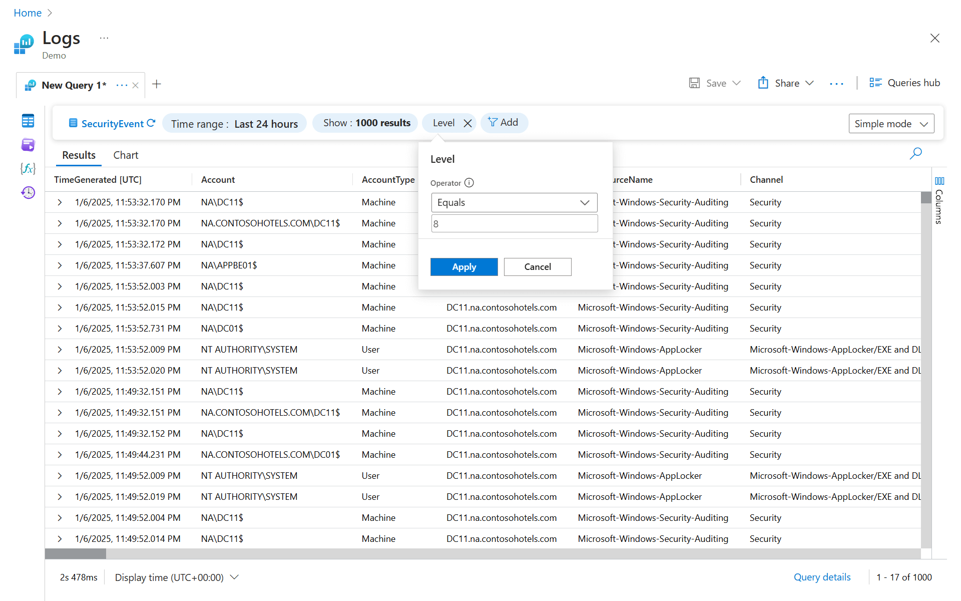 屏幕截图显示 Log Analytics 简单模式下 OperationId 列的筛选器值。