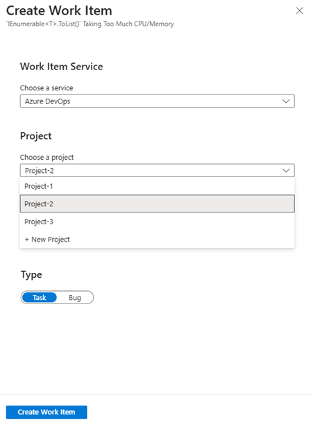 使用 Azure DevOps 创建问题的选项的屏幕截图。