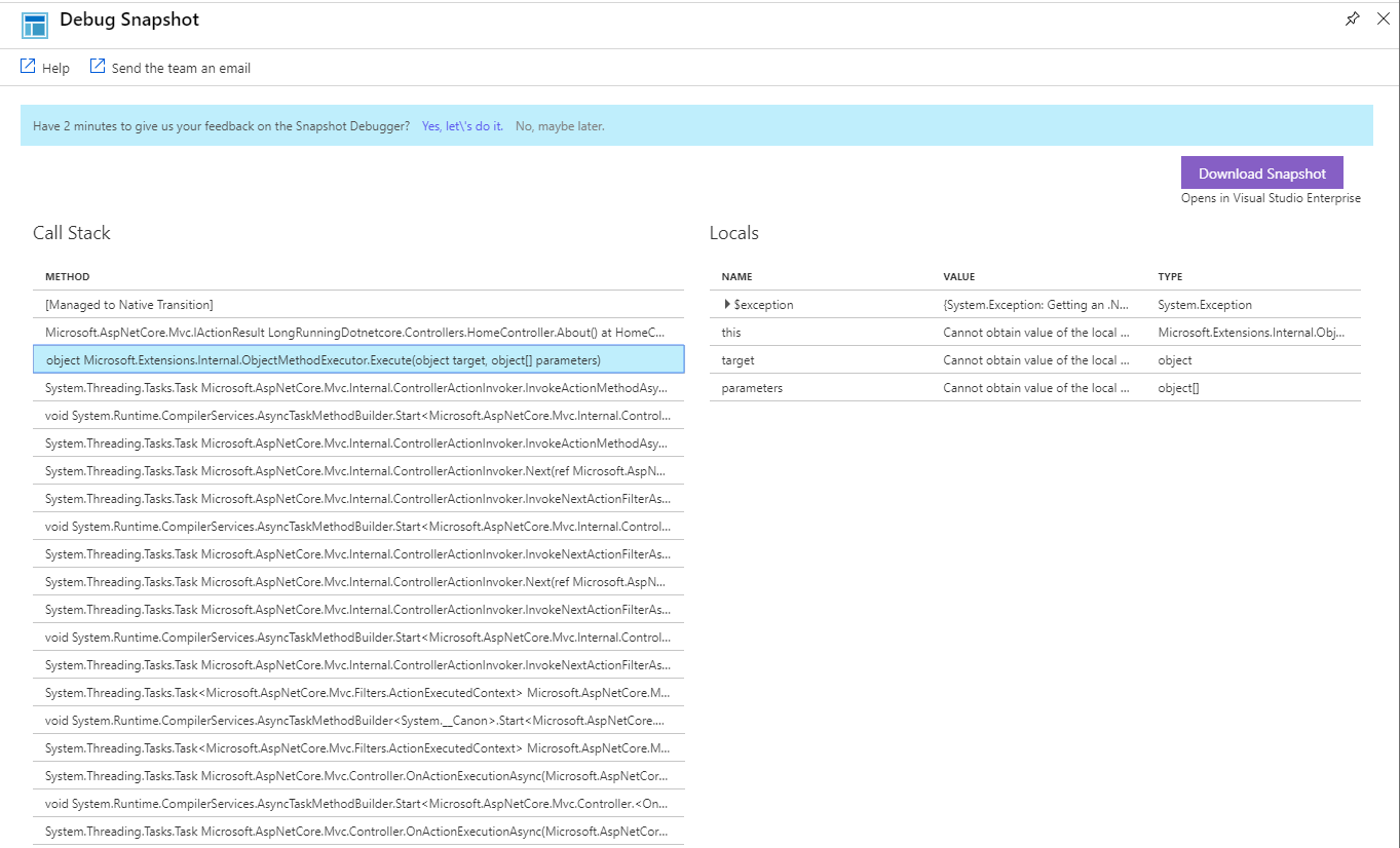 显示 Azure 门户中突出显示的“打开调试快照”的屏幕截图。