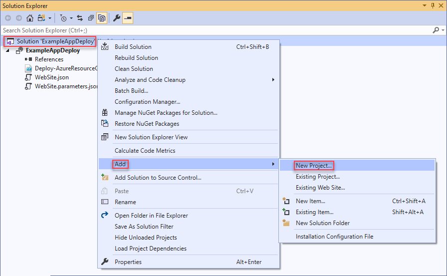 Visual Studio 中“添加新项目”上下文菜单的屏幕截图。