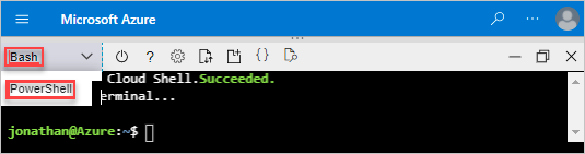 在 Cloud Shell 中选择 Bash 或 PowerShell 的选项的屏幕截图。
