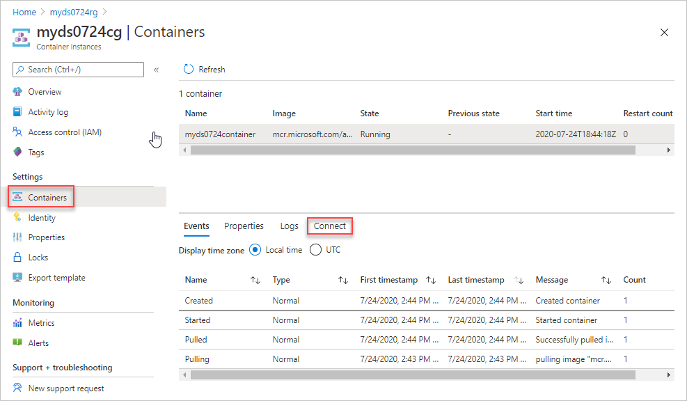 Azure 门户中部署脚本连接容器实例选项的屏幕截图。