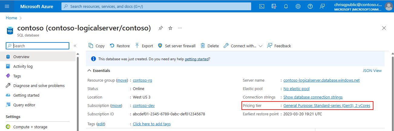 Azure SQL 数据库的概述页上 Azure 门户的屏幕截图。定价层“常规用途：标准系列（Gen5），2 个 vCore”突出显示。