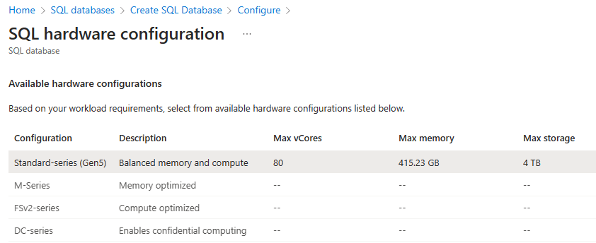 Azure SQL 数据库的 SQL 硬件配置页上 Azure 门户的屏幕截图。