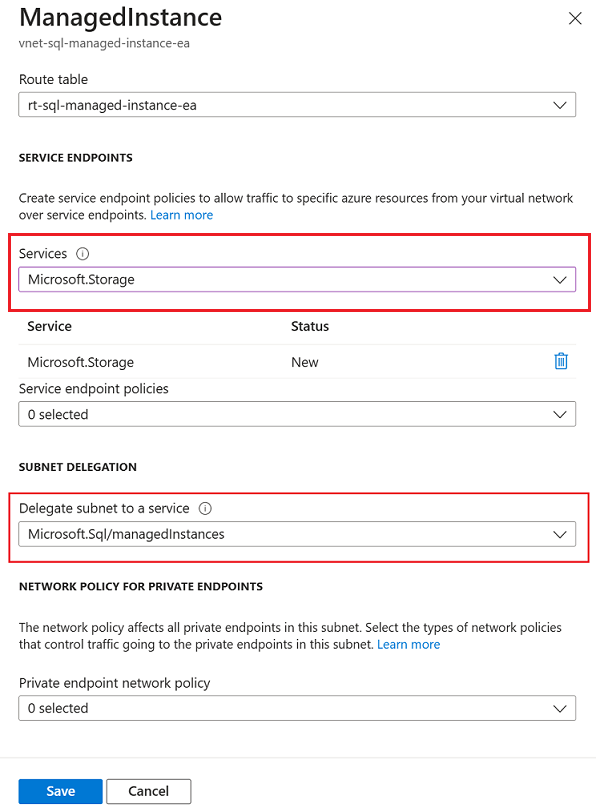 Azure 门户的 SQL 托管实例“子网”配置页的屏幕截图。