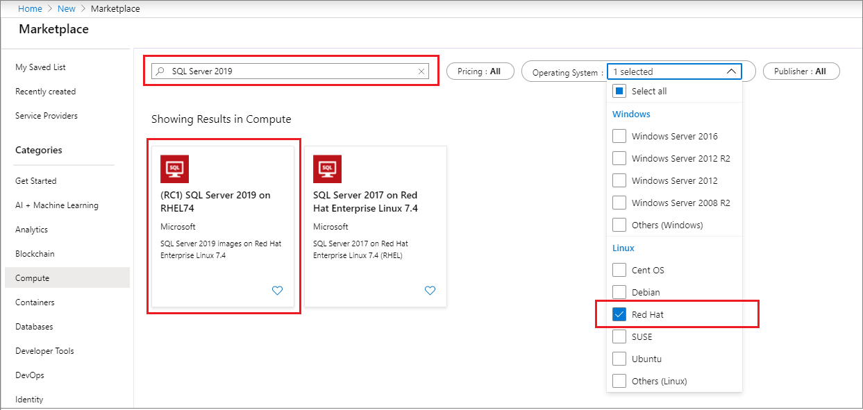 SQL Server 2019 VM 映像的搜索筛选器