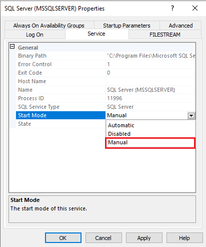 SQL Server Configuration Manager、SQL Server 服务属性的屏幕截图，其中显示了更改启动模式的位置。