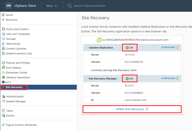 显示 vSphere 客户端的屏幕截图，其中 vSphere 复制和 Site Recovery Manager 的安装状态为“正常”。