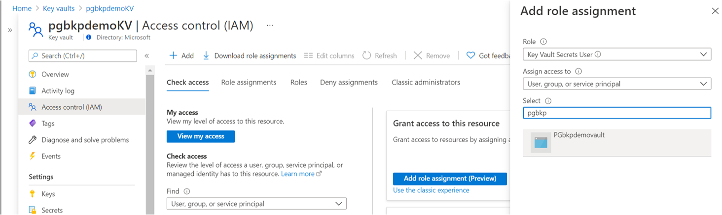 显示授予 Azure 备份保管库的 M S I Key Vault 机密用户访问密钥保管库的选项的屏幕截图。