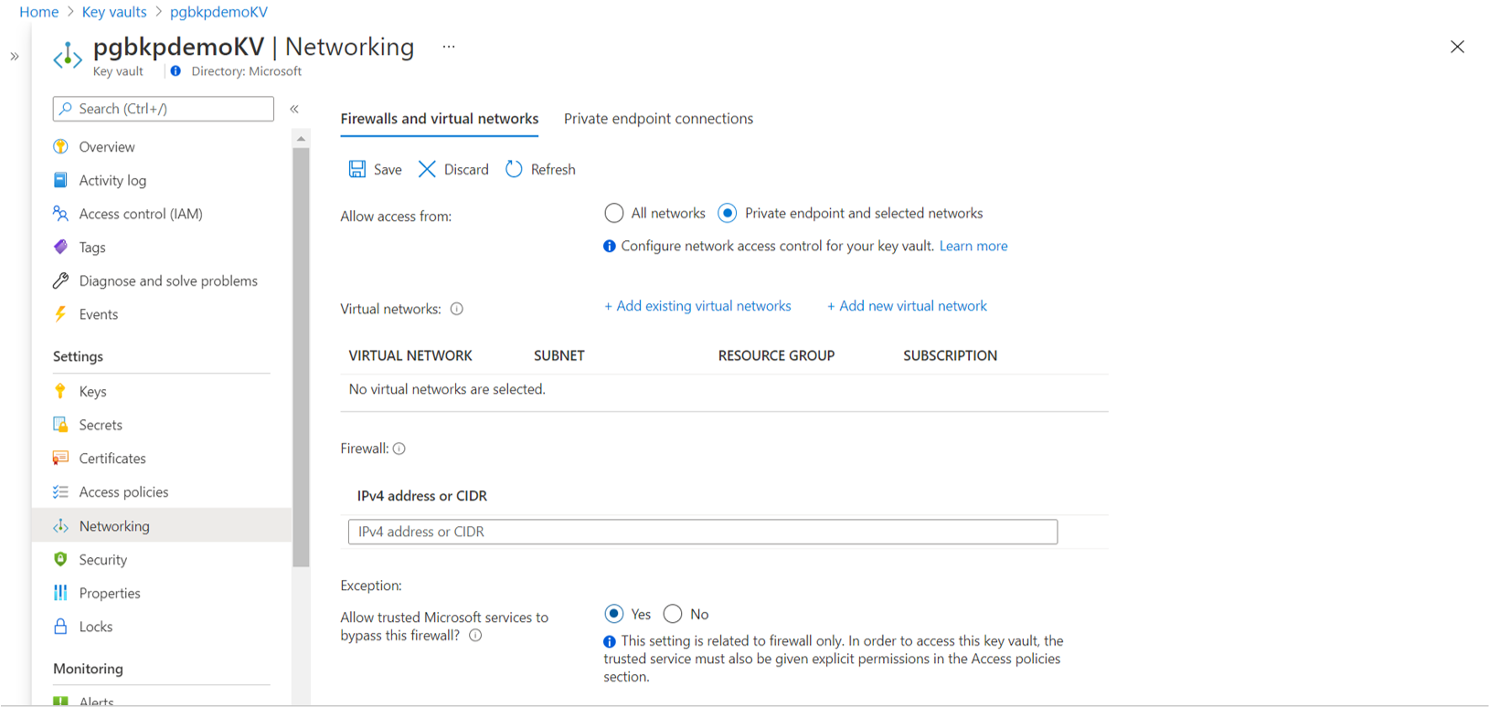 屏幕截图显示了选择相应选项以允许受信任的 Microsoft 服务在密钥保管库上通过网络进行访问。