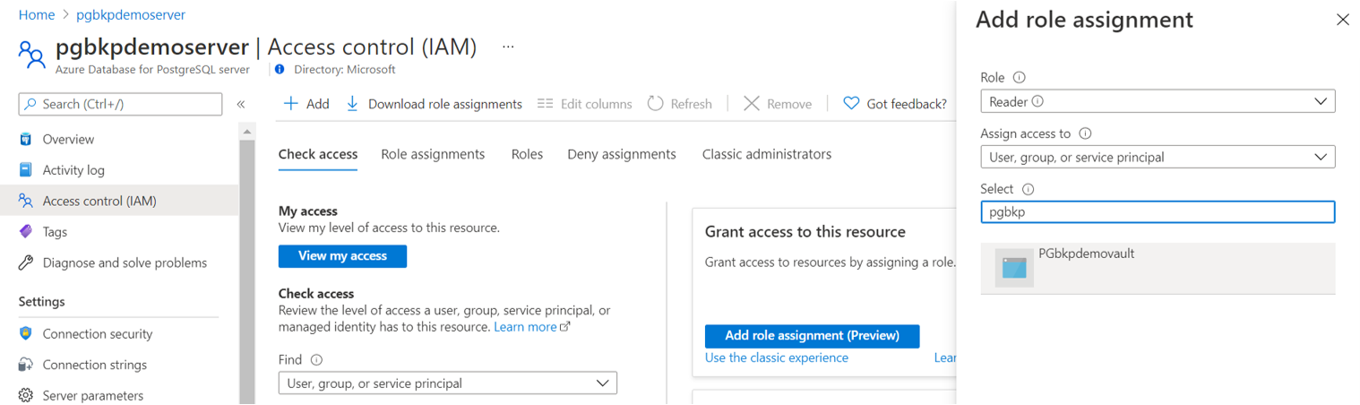 屏幕截图显示了用于在 Azure Database for PostgreSQL 服务器上设置 Azure 备份保管库的 MSI 读取者访问权限的选项。
