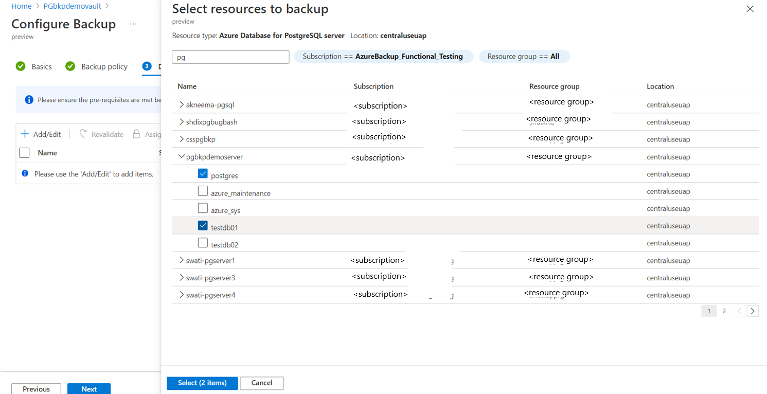 显示用于选择 Azure Database for PostgreSQL 服务器的窗格的屏幕截图。