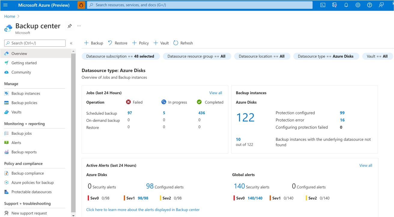 显示用于启动 Azure 磁盘备份的选项的屏幕截图。