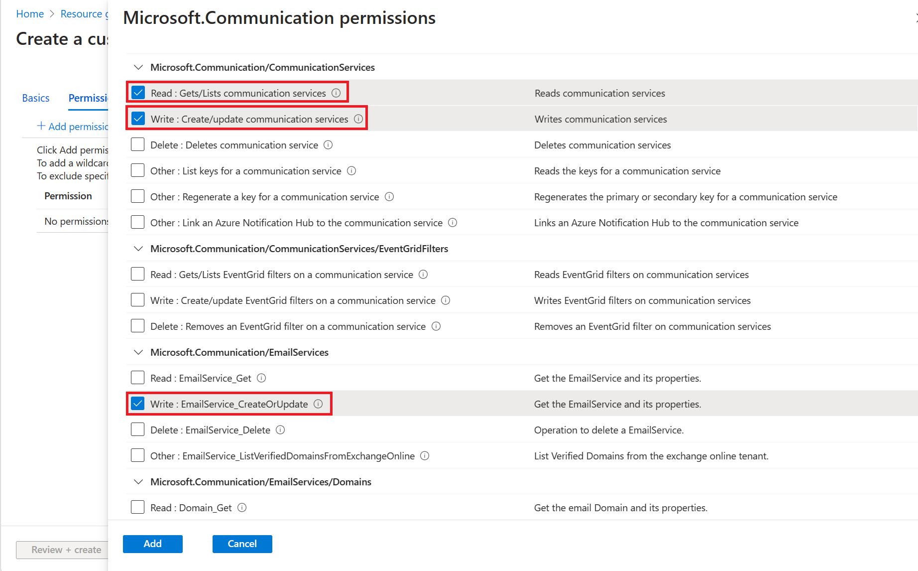 显示添加 Azure 通信服务权限的屏幕截图。