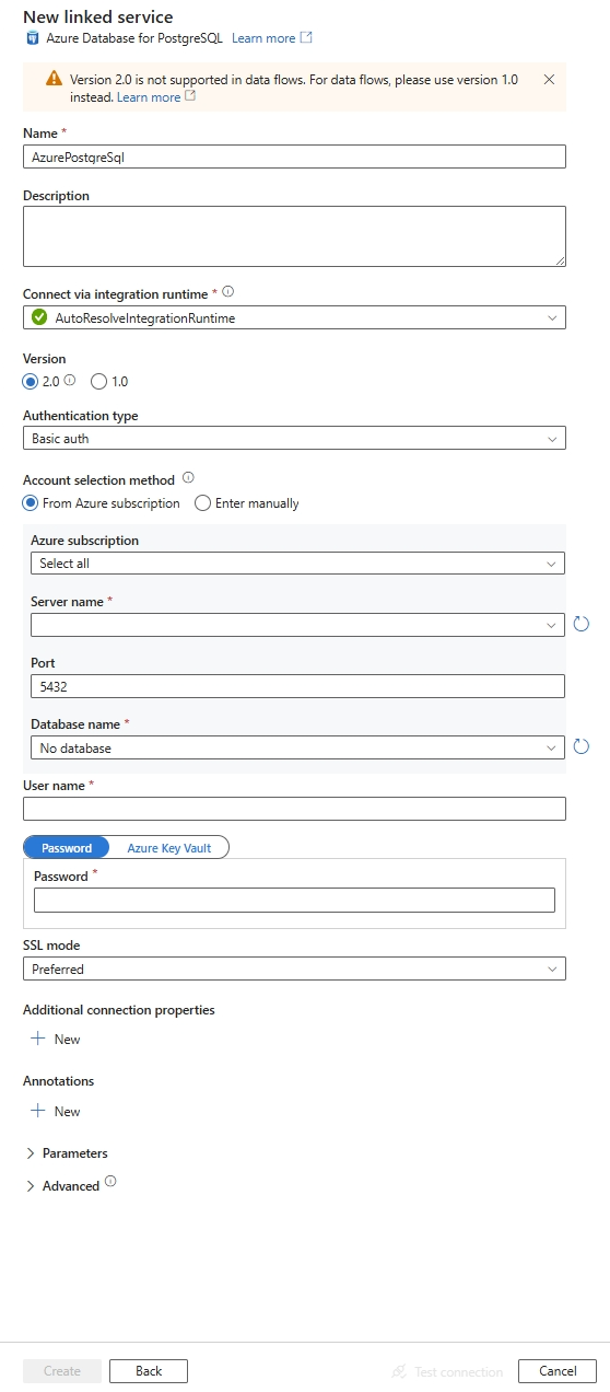 配置到 Azure Database for PostgreSQL 的链接服务。