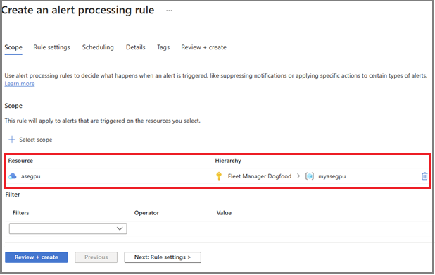 筛选器控件的屏幕截图，用于缩短在 Azure Stack Edge 中设置警报处理规则范围的选项的列表。