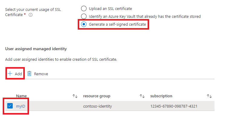 Azure 门户屏幕截图，其中显示了用于生成自签名证书的字段。