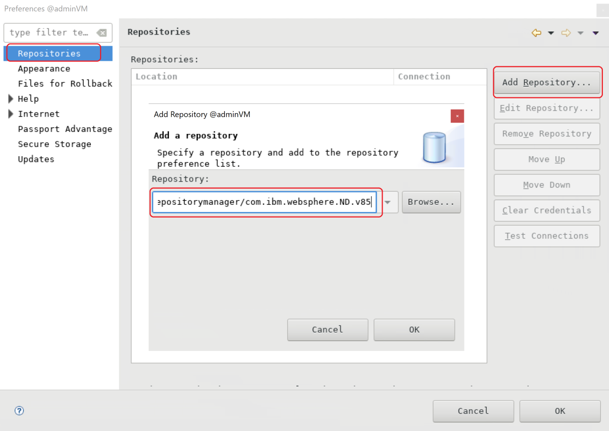 用于为 IBM WebSphere 应用程序服务器添加产品存储库的框的屏幕截图。