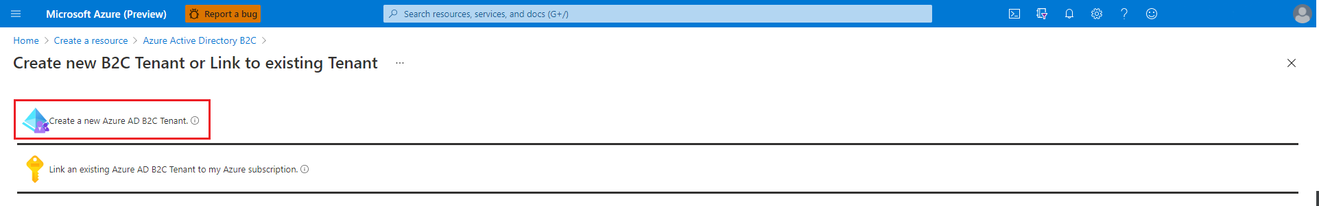 用于创建新的 Azure AD B2C 租户的 Azure 门户选项。