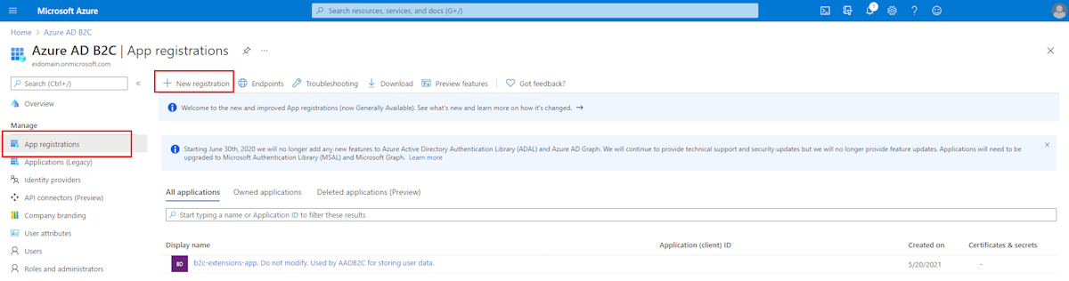 Azure 门户的屏幕截图，其中显示了“Azure AD B2C 应用注册”屏幕。